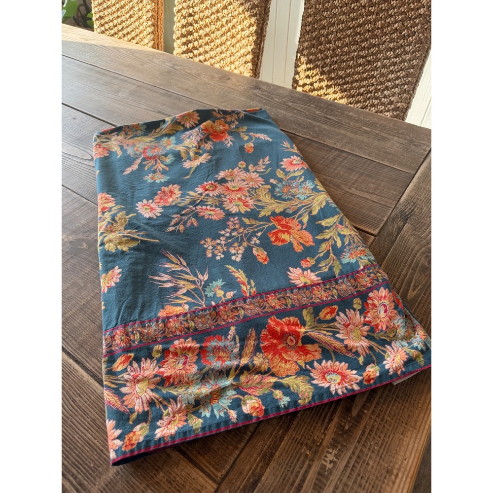 April Cornell Floral Boho Cottage Tablecloth Blue Red Garden Cotton 60x84 Farm